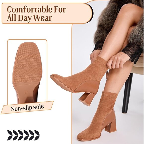 Women's Chestnut Square Toe Low Block Heel Chelsea Back Zipper Mid Calf Booties - Picture 5 of 6